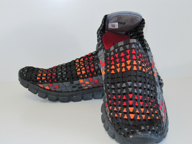 Black with red and yellow open weave shoe