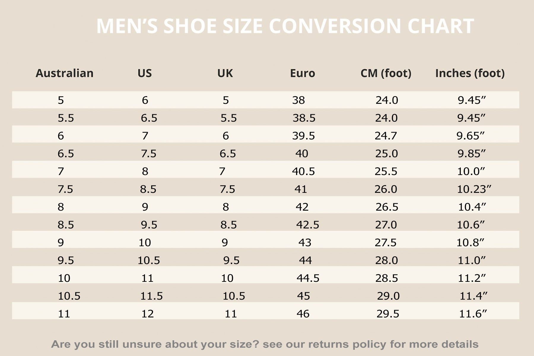 size chart for men shoes